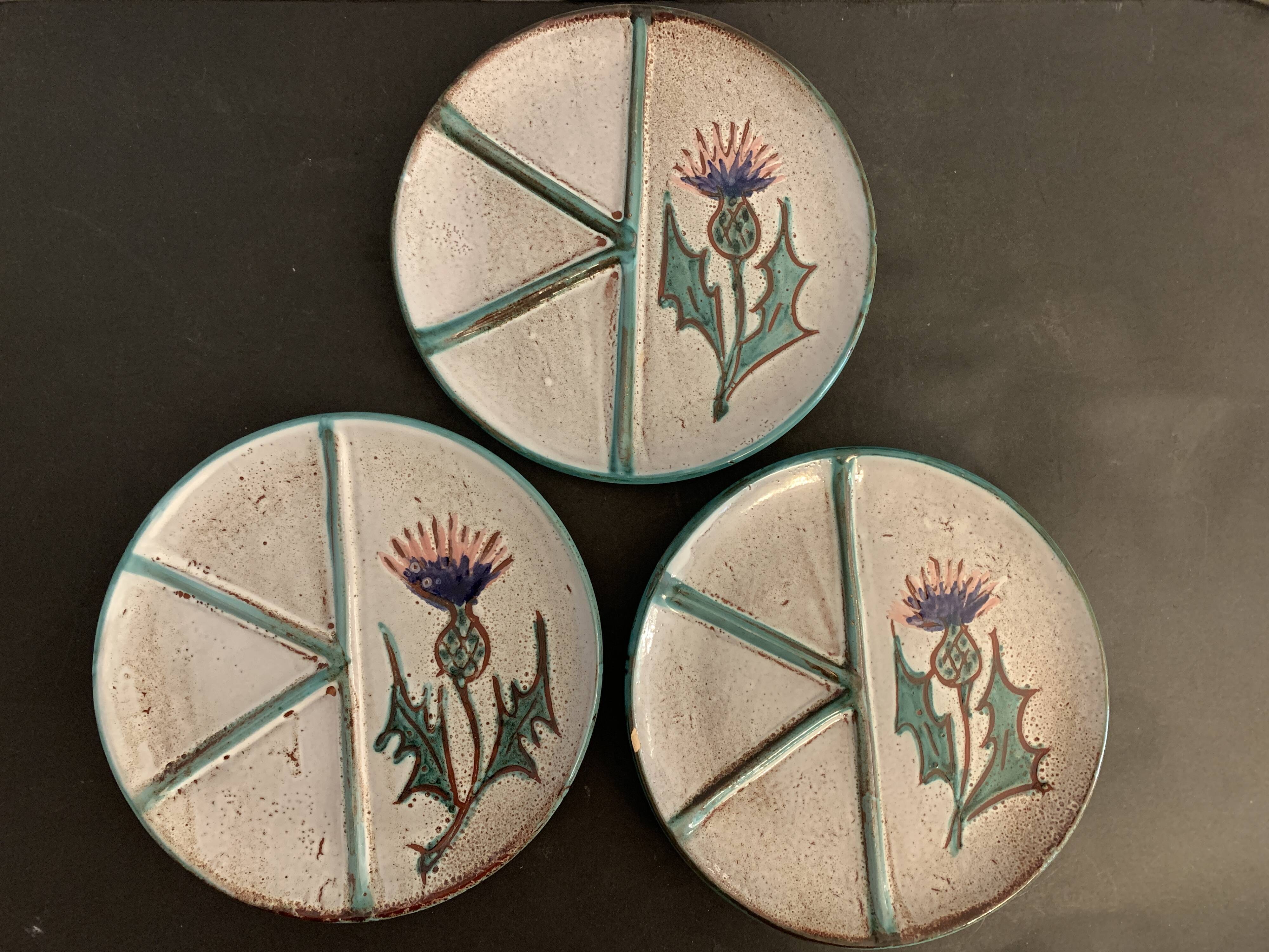 6 ceramic plates, model chardons, Daniel Etienne, Vallauris, 1970