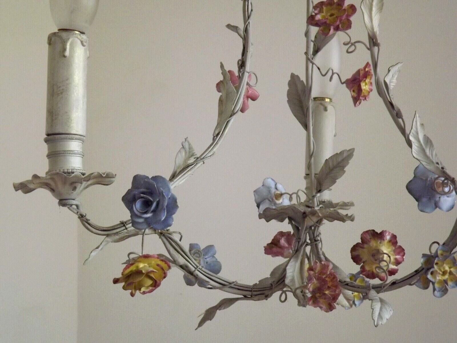 Italian tole ware 3 light cage chandelier with porcelain flowers