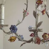 Italian tole ware 3 light cage chandelier with porcelain flowers