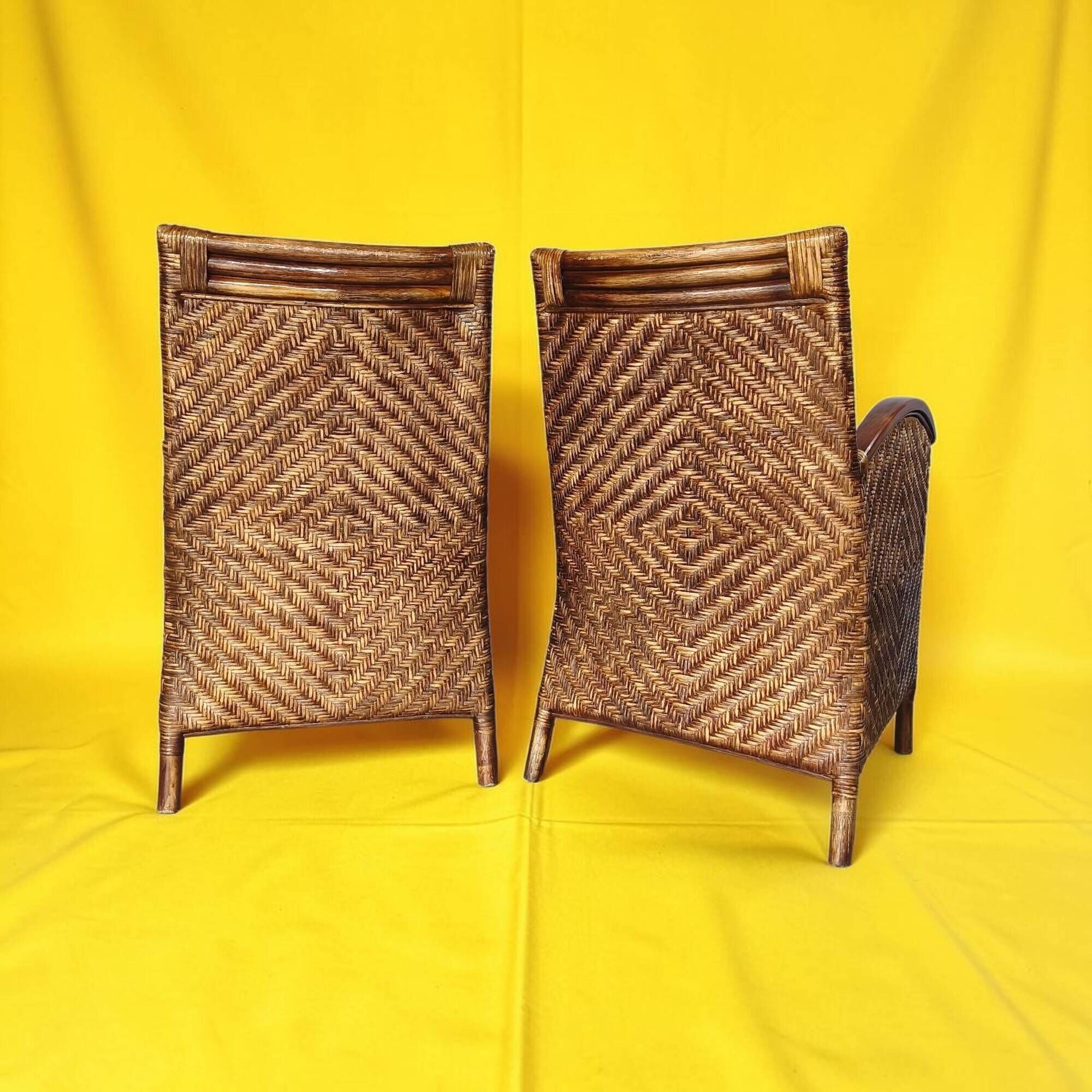 Pair of woven rattan and varnished wood armchairs - Vintage