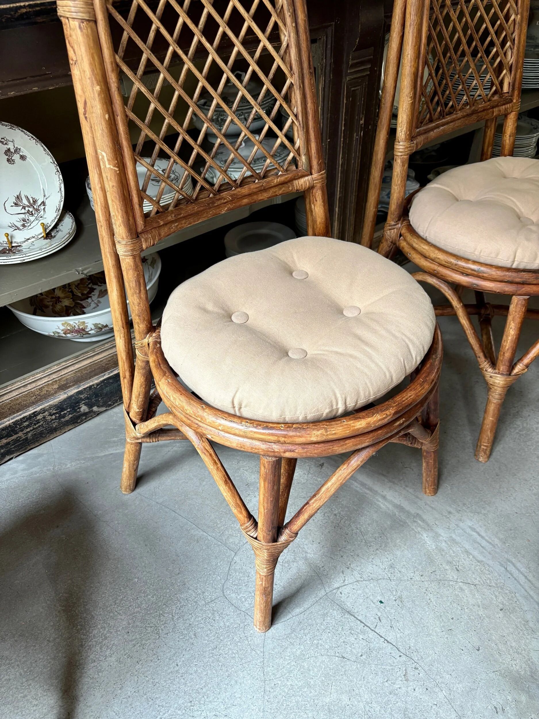 4 bent bamboo and rattan chairs