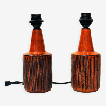 Swedish orange stoneware tablelamp pair from the 1960s