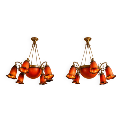 Paire de lustres style Art Nouveau en bronze et pâte de verre orange