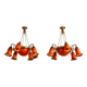 Pair of Art Nouveau style chandeliers in bronze and orange glass paste.
