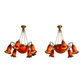 Paire de lustres style Art Nouveau en bronze et pâte de verre orange