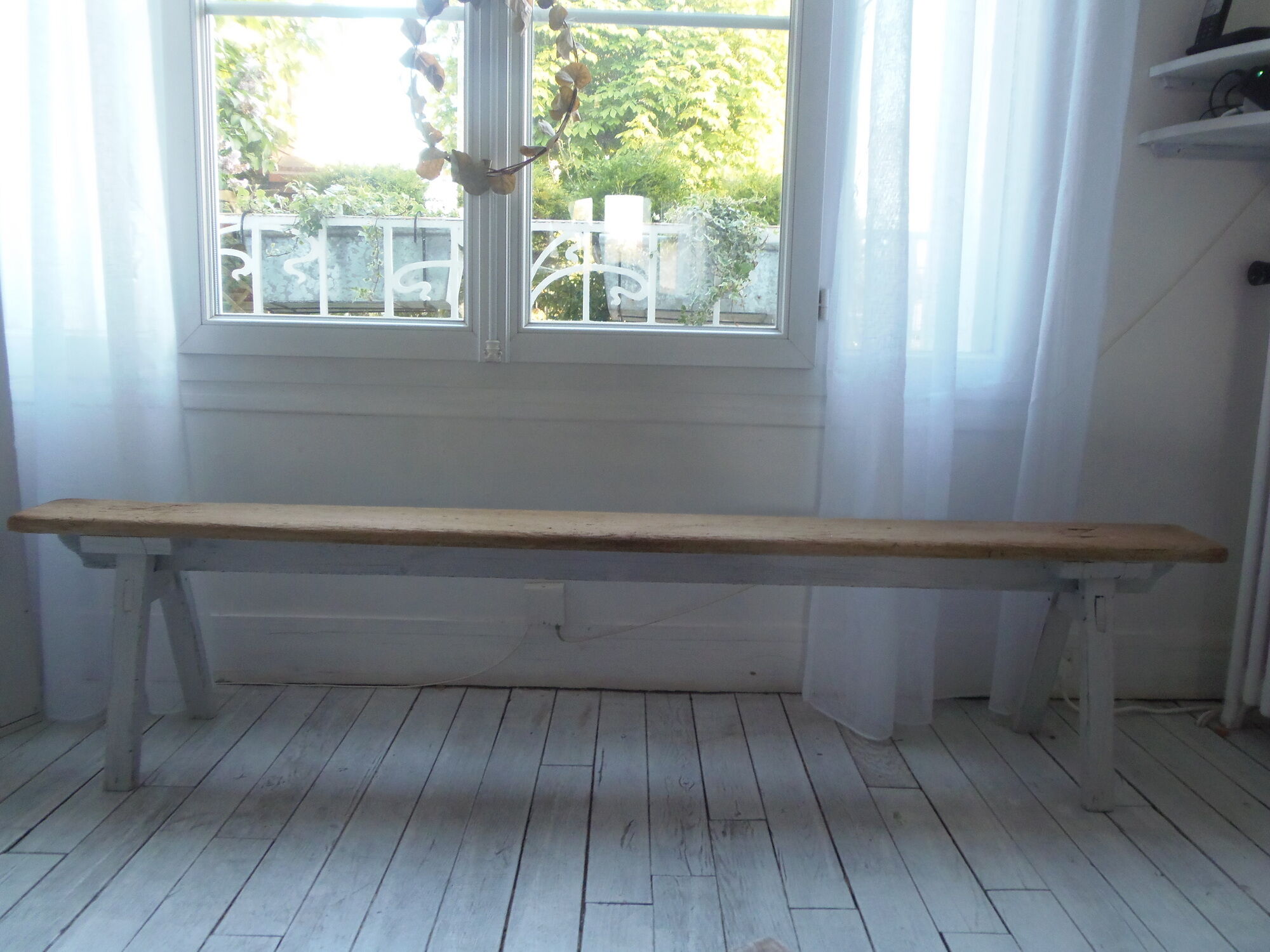 Farmhouse bench, pearl grey patinated oak bed, wood seat waxed finish.