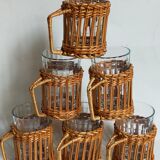Six vintage 50s glasses in braided rattan cases