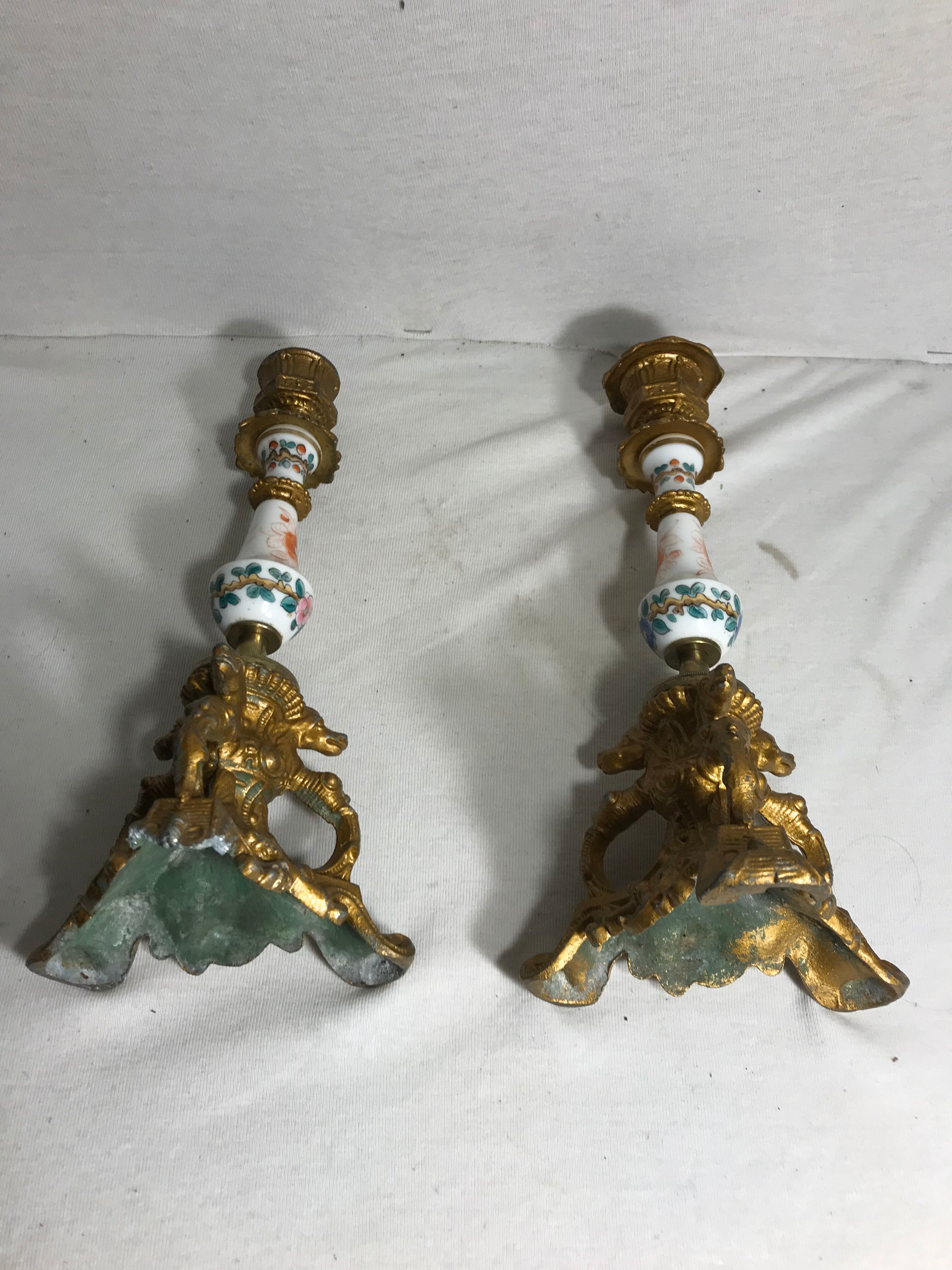 Pair old candlestick tripod Metal Gold seahorse + ceramic painted Vintage