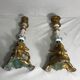 Pair old candlestick tripod Metal Gold seahorse + ceramic painted Vintage
