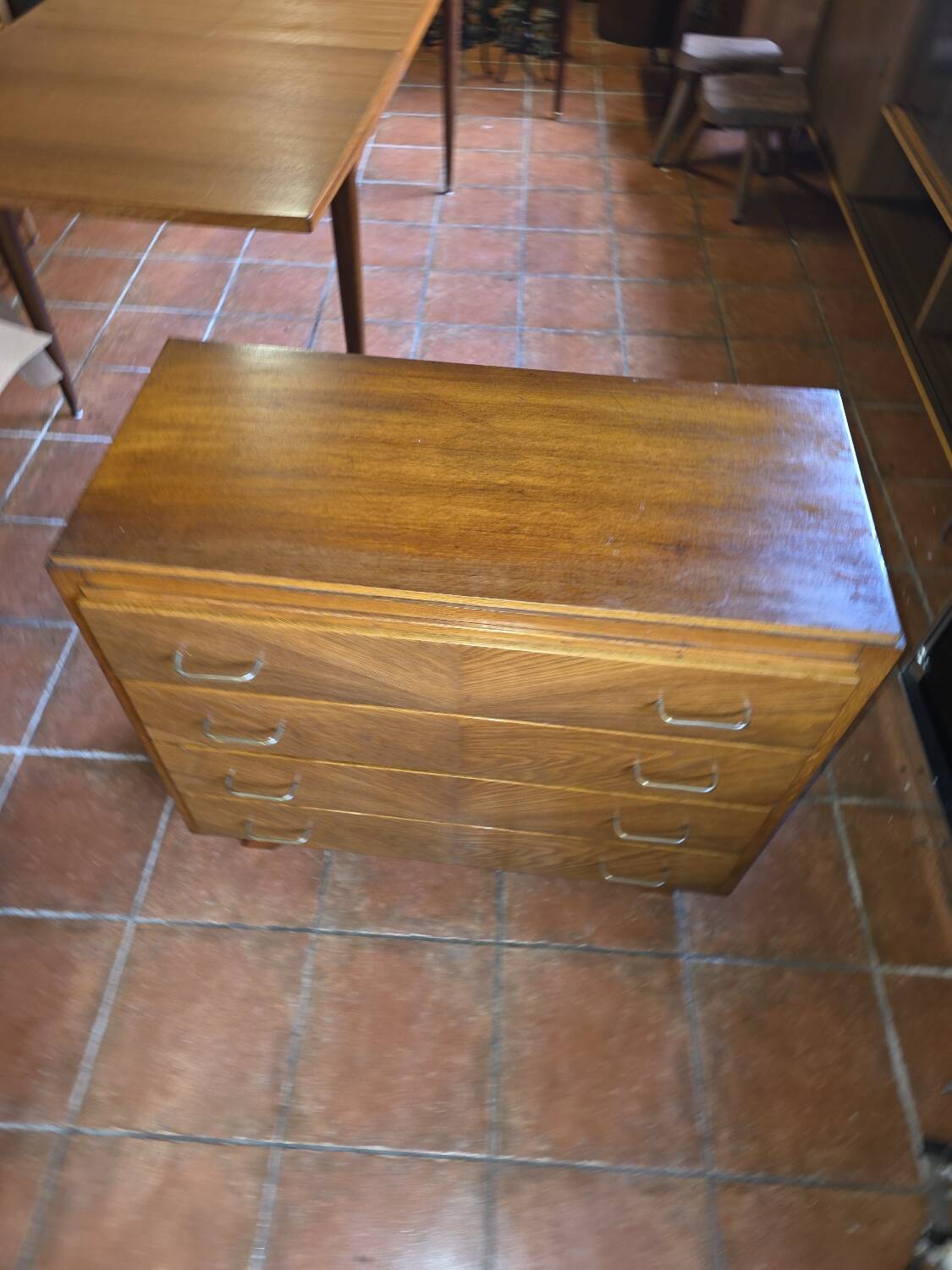Vintage oak chest of drawers with herringbone patterns from the 1960s.