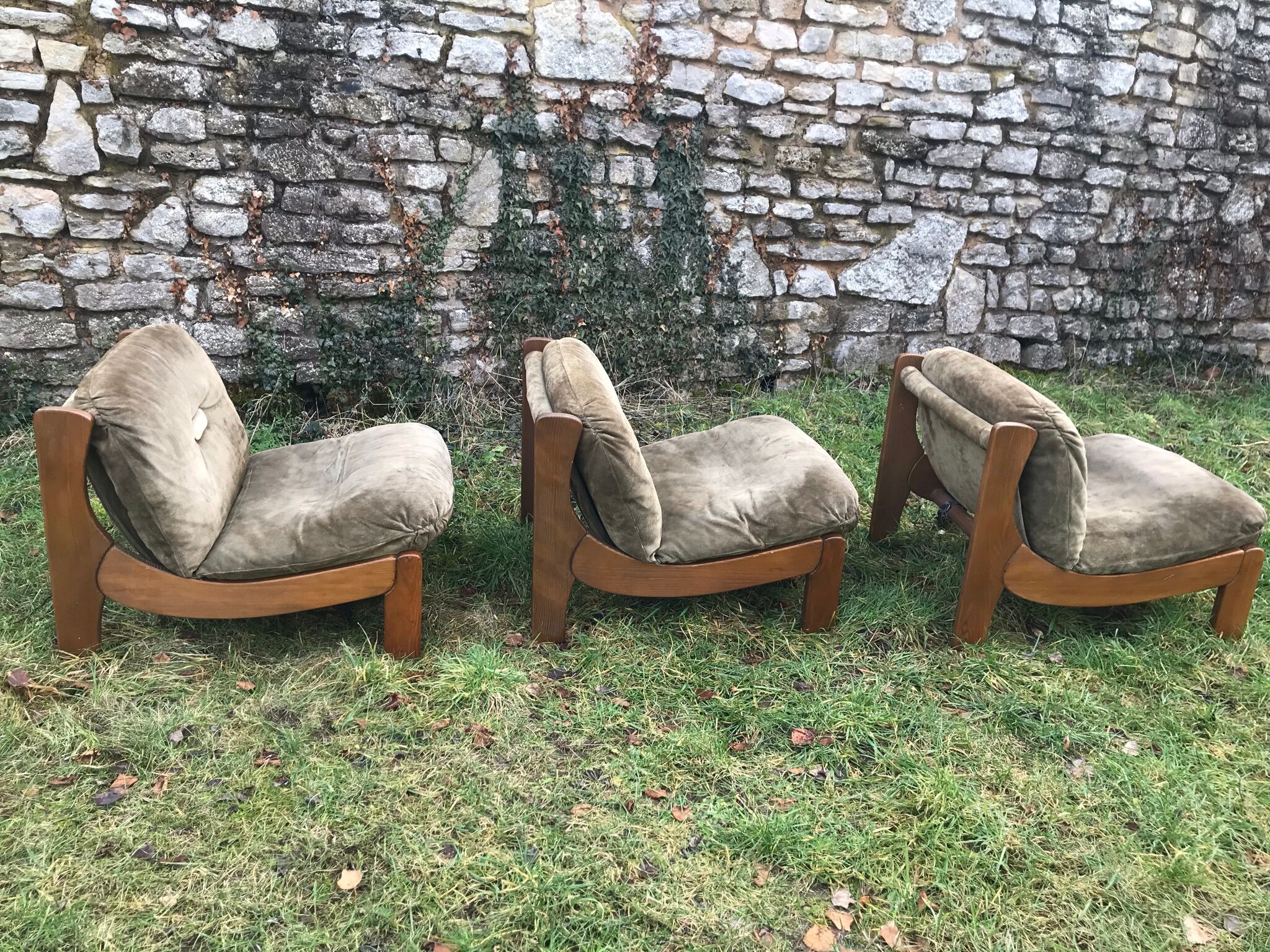 3 vintage khaki wood and suede heaters 70s