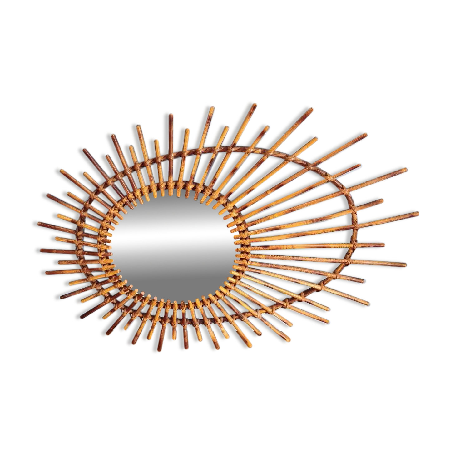 Asymmetrical sun mirror in rattan - vintage 1960s