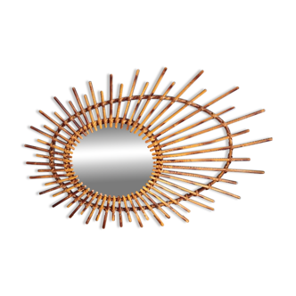 Asymmetrical sun mirror in rattan - vintage 1960s