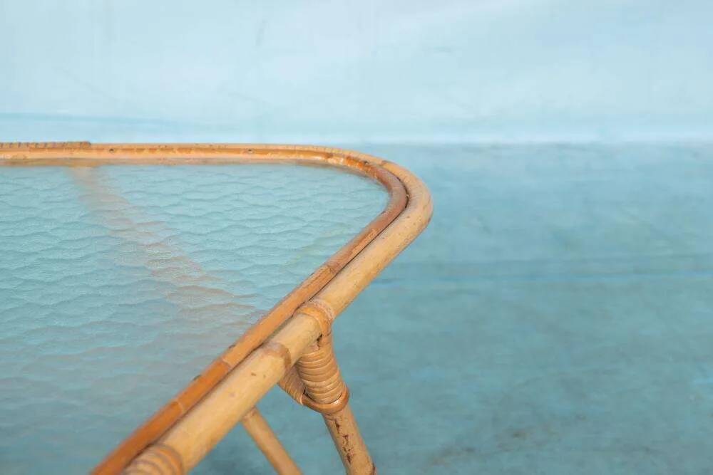 Vintage rattan coffee table from the sixties, bohemian rattan side table.