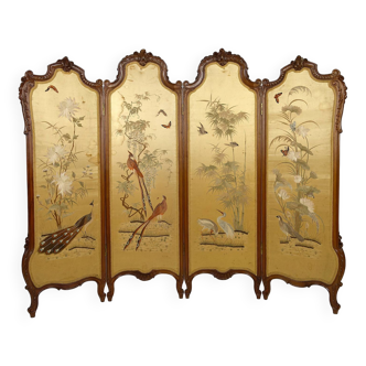 Paravent japonisant Louis XV, "Aux oiseaux", France, Circa 1880