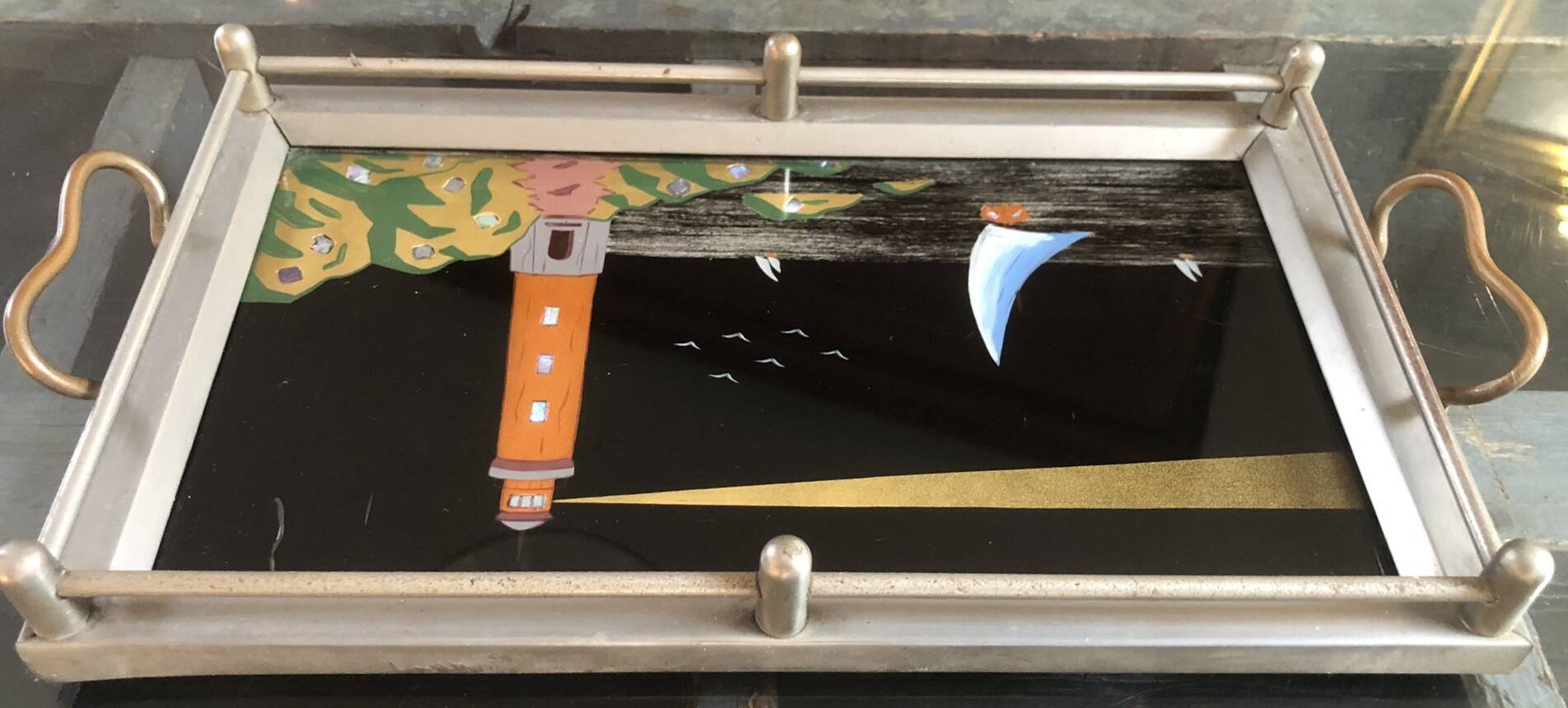 Plateau à service Art-Déco – Peinture sous verre & nacre