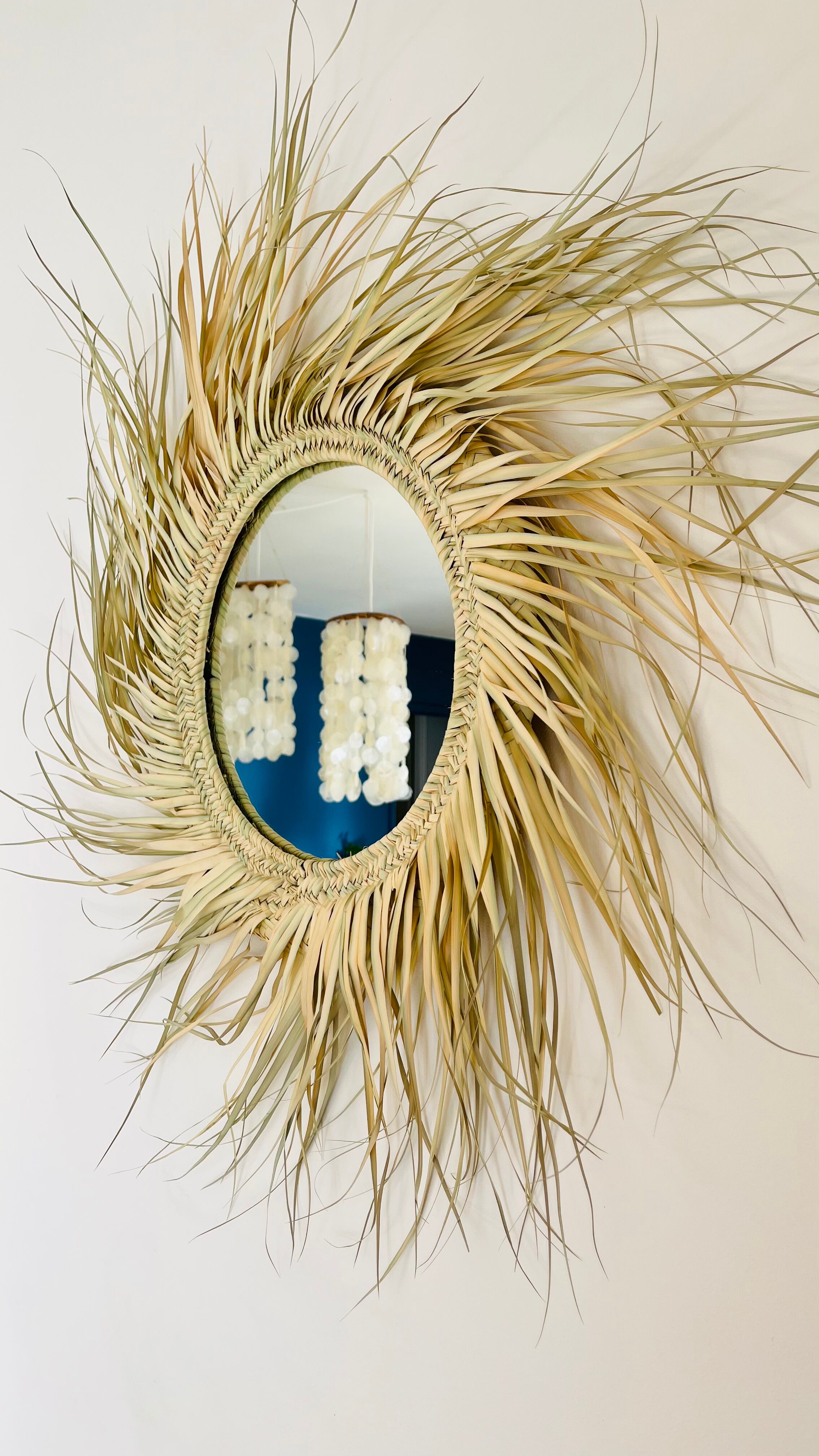 Round straw mirror with fringe, 80cm