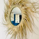 Round straw mirror with fringe, 80cm
