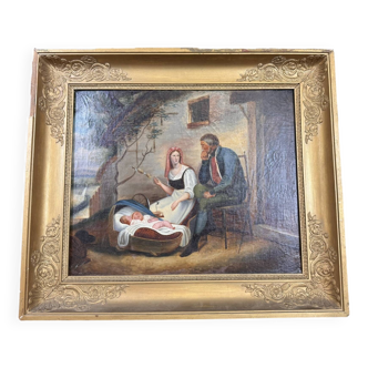 École Italienne du XIXeme : huile sur toile figurant une scène familiale circa 1820