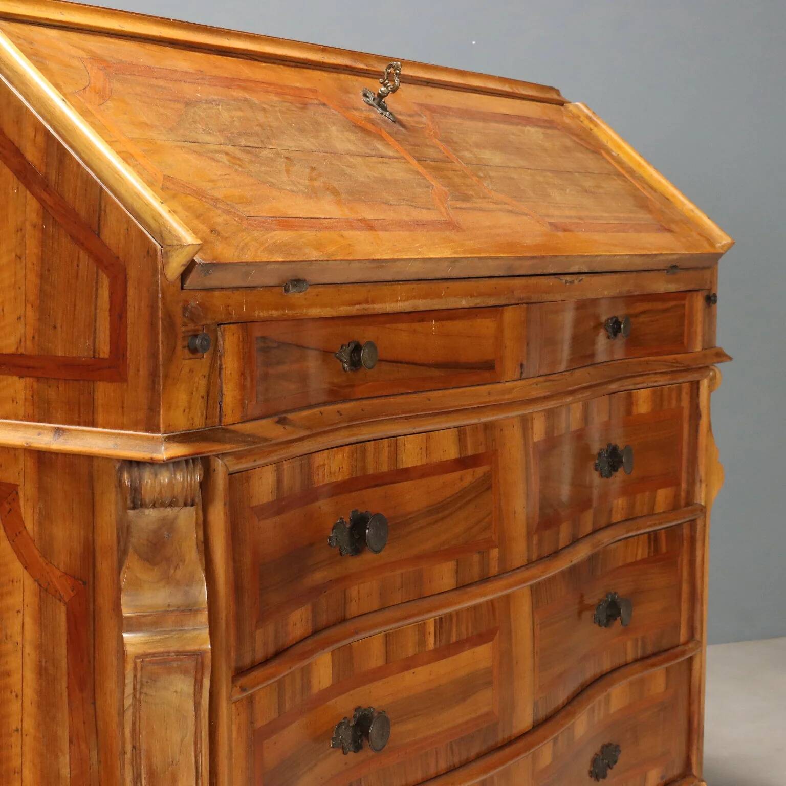 Antique cherry wood cabinet with drop-down front, 3 drawers, Italy, 20th century.
