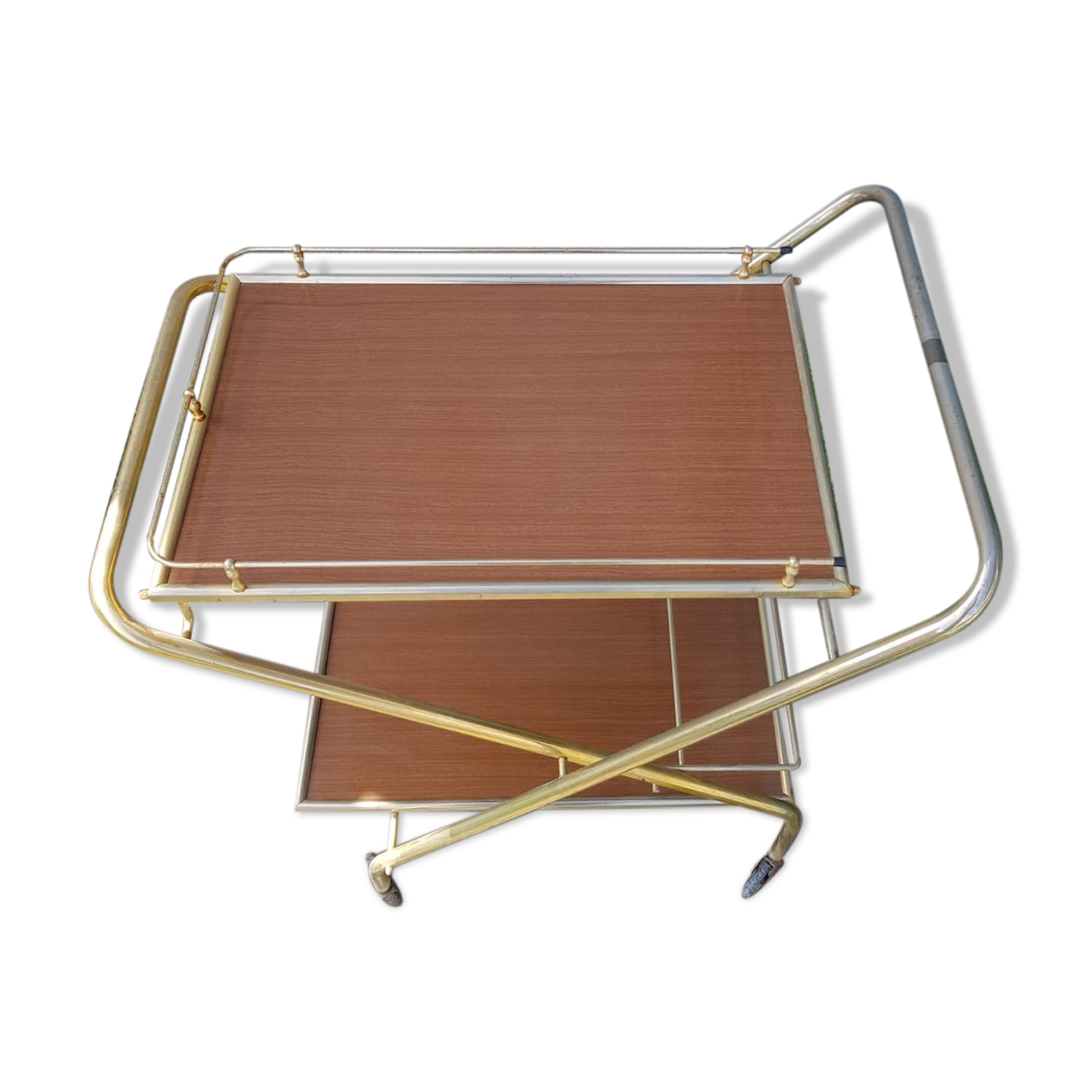 Ancient Dessert Table On Roulettes Golden Metal - Formica 70s Vintage