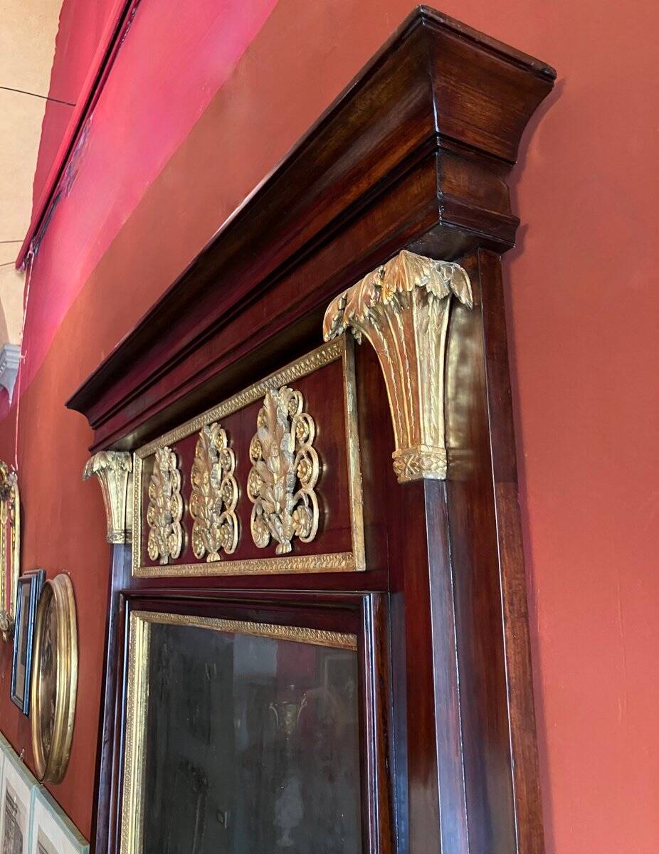 Italian Empire Mahogany and Parcel Gilt Console with Mirror and Carrara Marble Top, Late 18th Century
