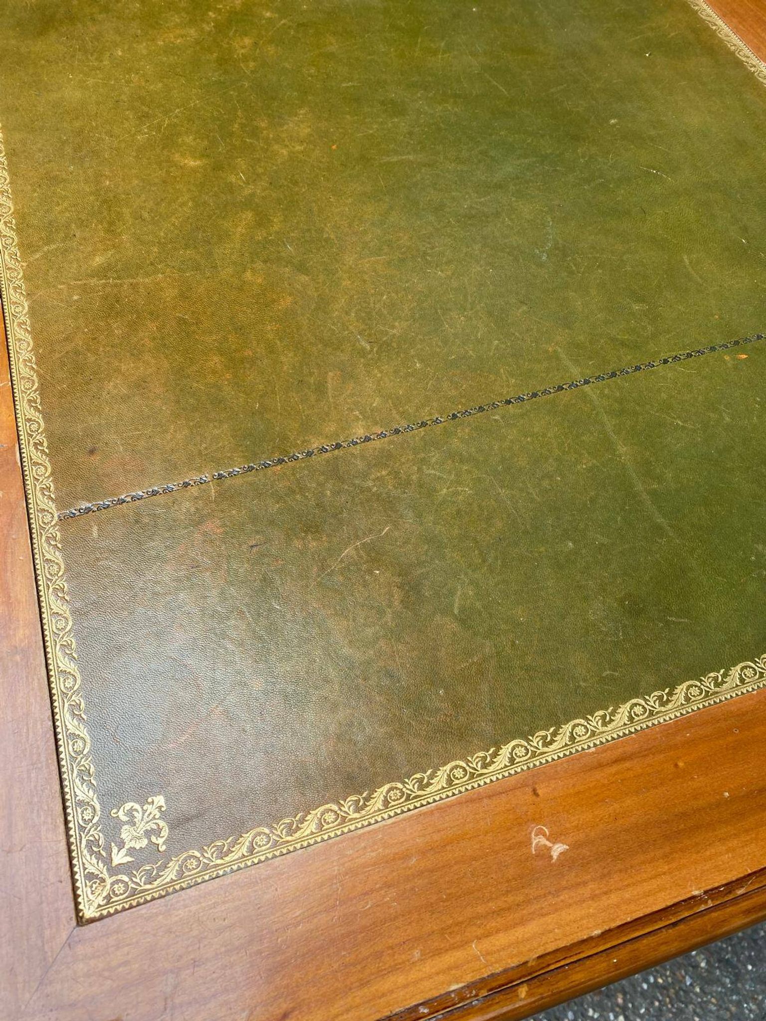 Louis XV style flat desk in solid cherry wood with pull-out extensions and leather top 19