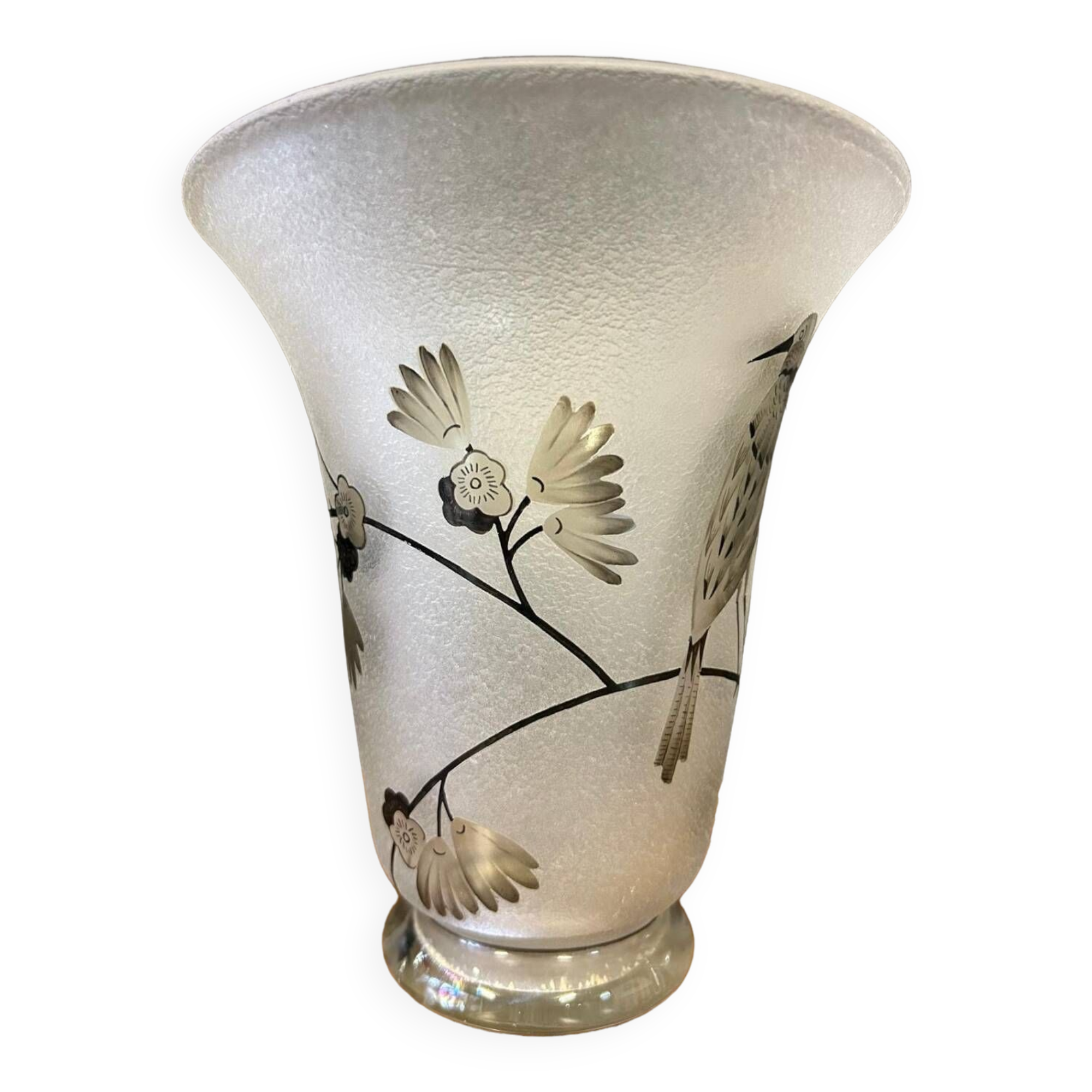 Vase Daum Nancy France - Oiseau Branché Réserve with acid enhanced with black enamel