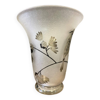 Vase Daum Nancy France - Oiseau Branché Réserve with acid enhanced with black enamel
