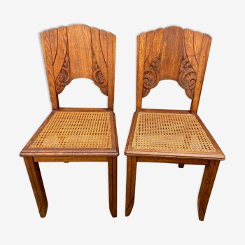 Set of 2 art deco oak canned chairs