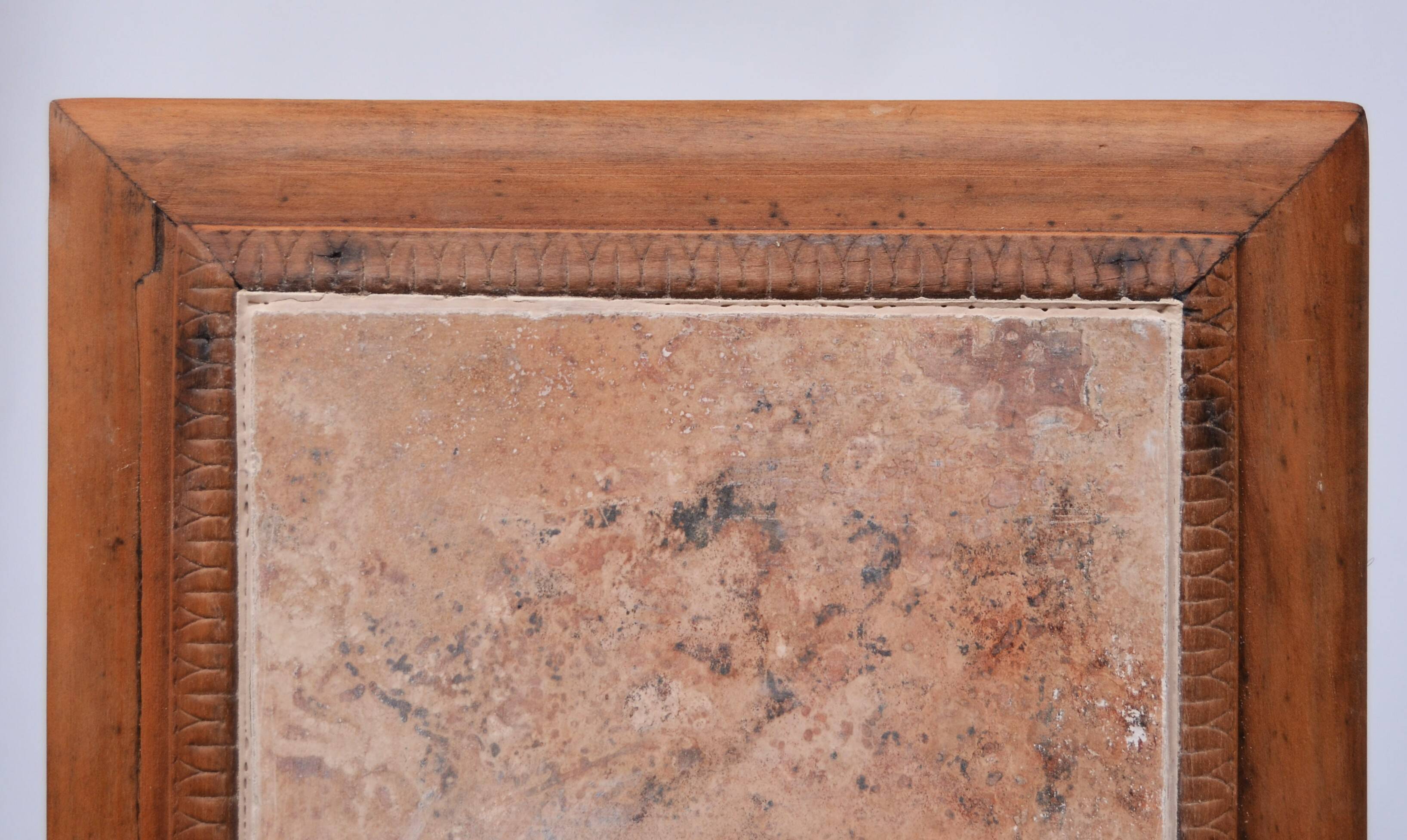 Art Nouveau wood stand planter with stone plaque