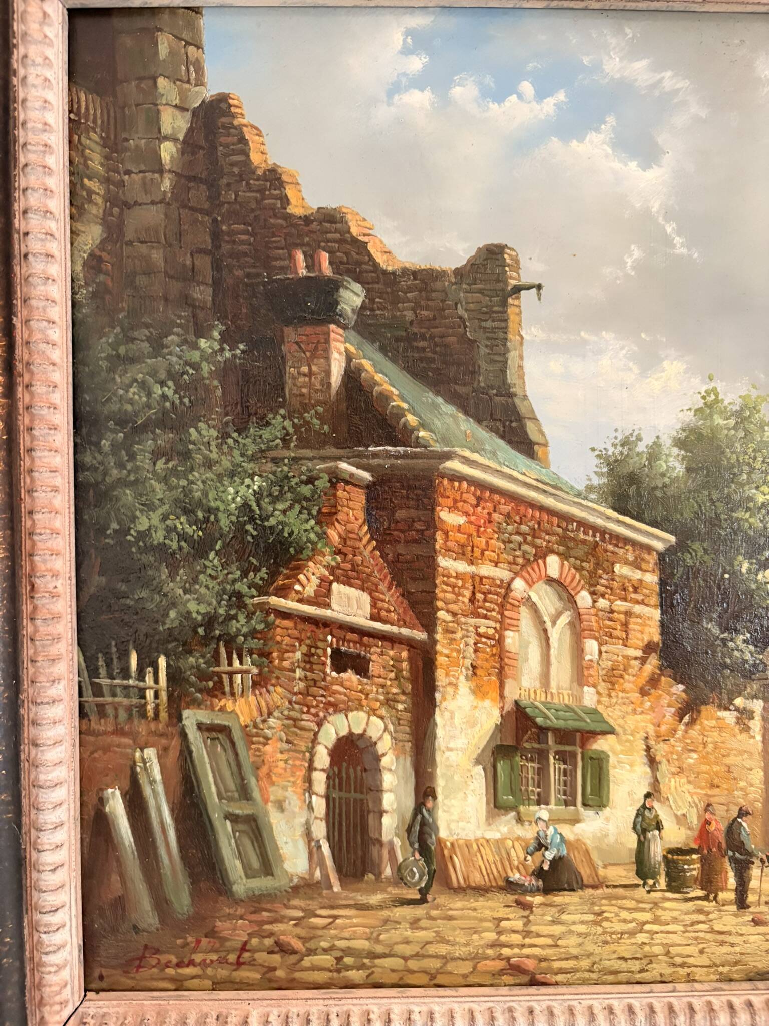 Old Oil Painting Copper Jan Beekhout Street Scene Dutch Middle Ages