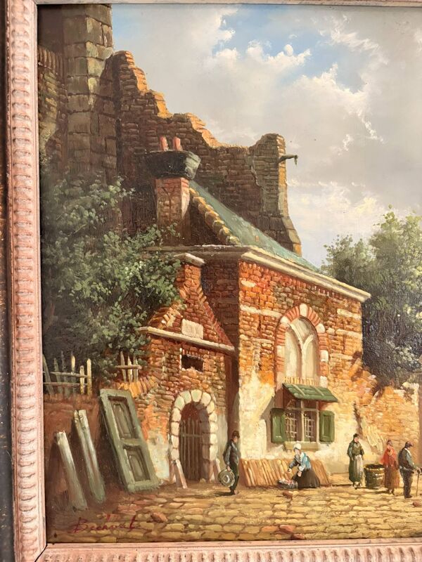 Ancien Tableau Huile Cuivre Jan Beekhout Scène de Rue Moyen Age Hollandais