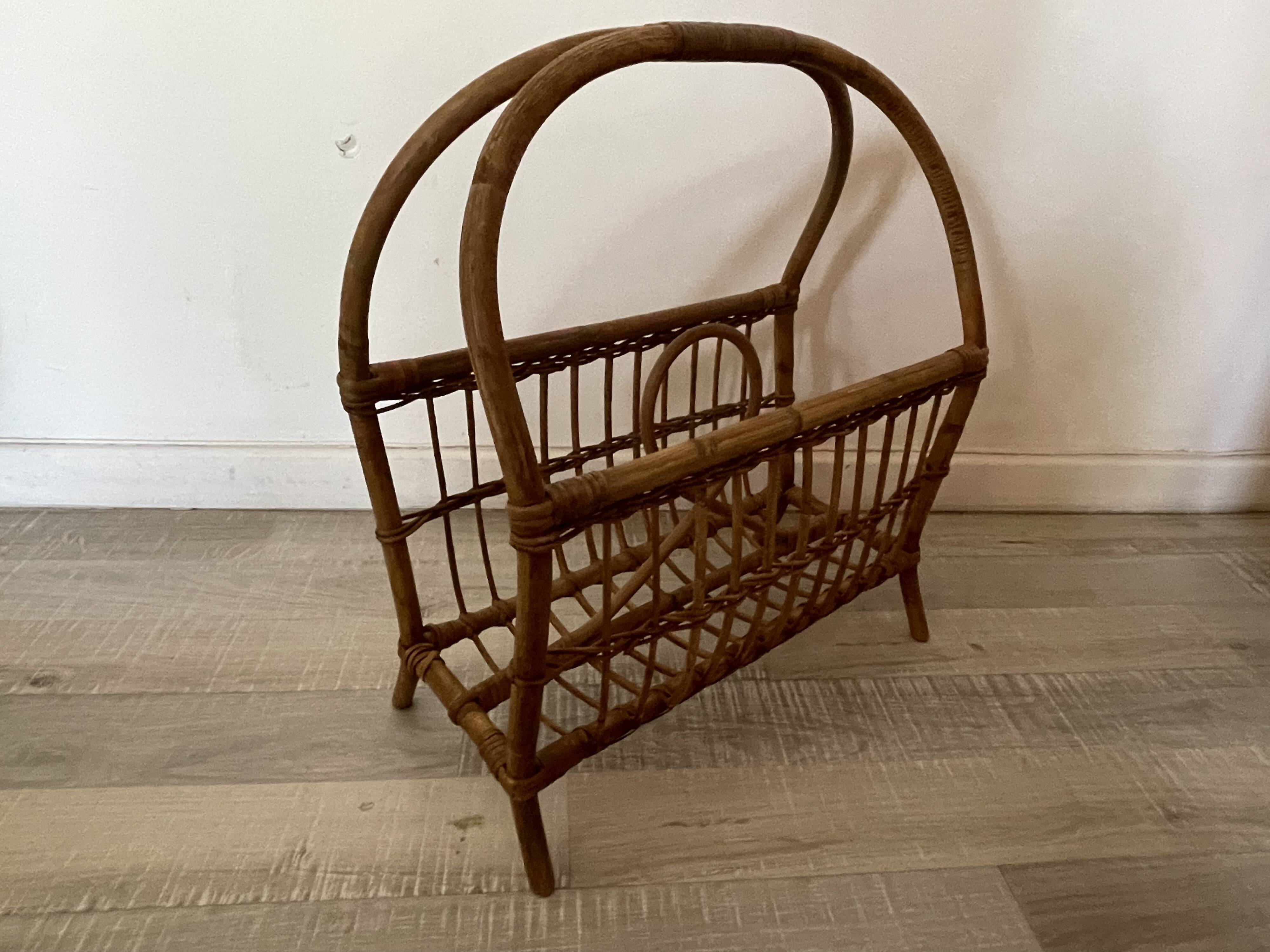 60s rattan magazine rack