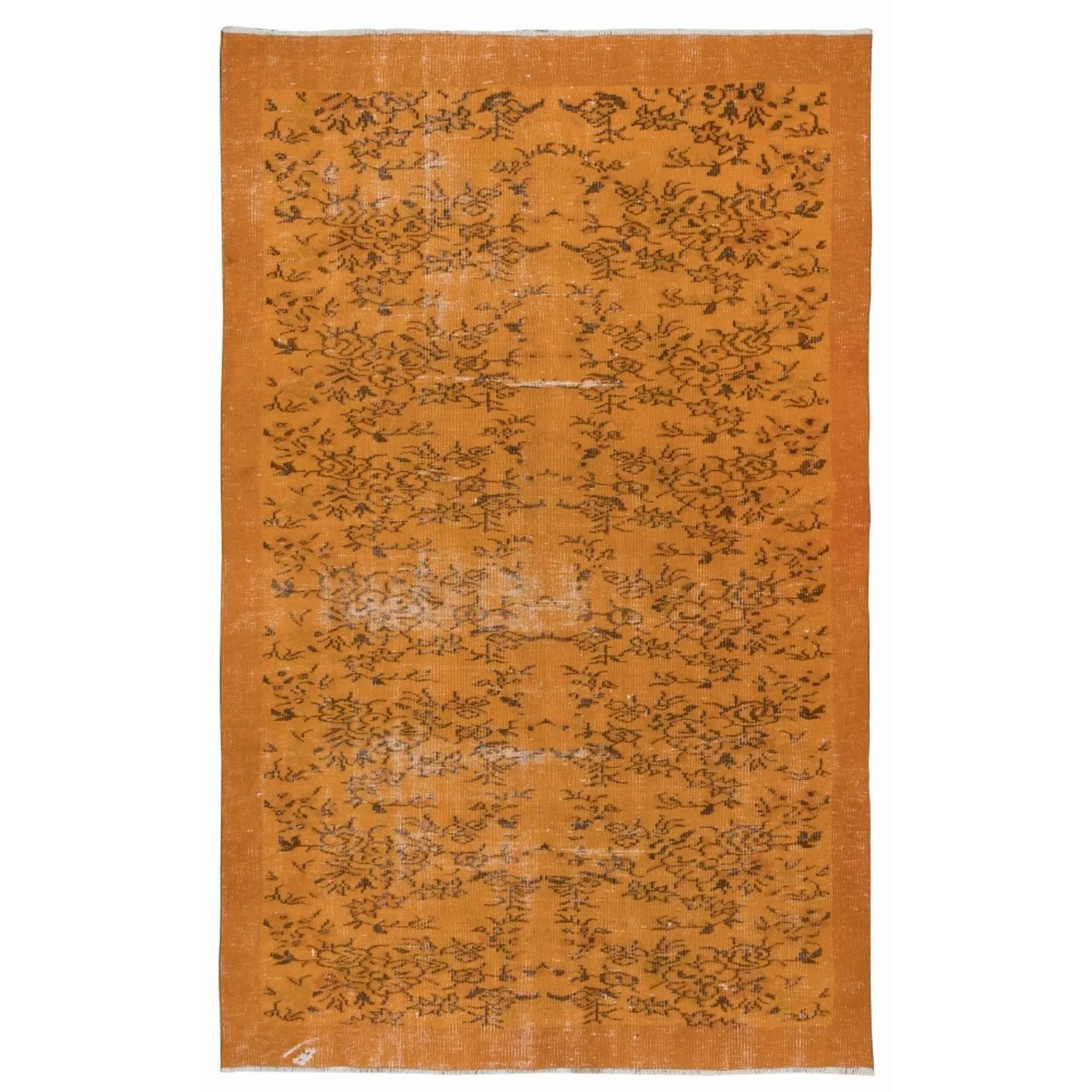 Vintage Hand-knotted Floral Design Turkish Wool Area Rug Overdyed in Orange for Living Room