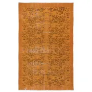 Vintage Hand-knotted Floral Design Turkish Wool Area Rug Overdyed in Orange for Living Room
