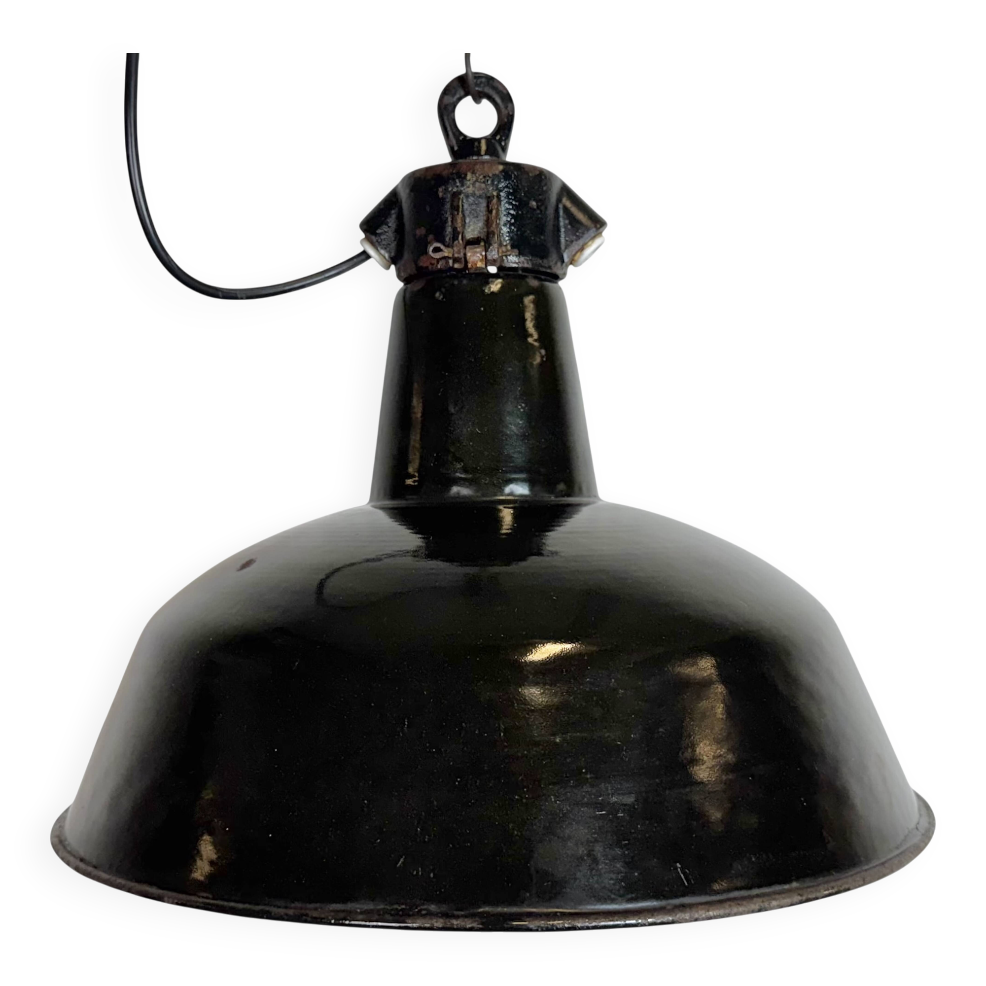 Industrial Black Enamel Factory Lamp with Cast Iron Top, 1950s