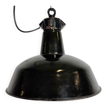 Lampe d'usine industrielle en émail noir avec dessus en fonte, années 1950