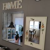 Vintage rectangular mirror in painted wood cream decoration yellow pinks