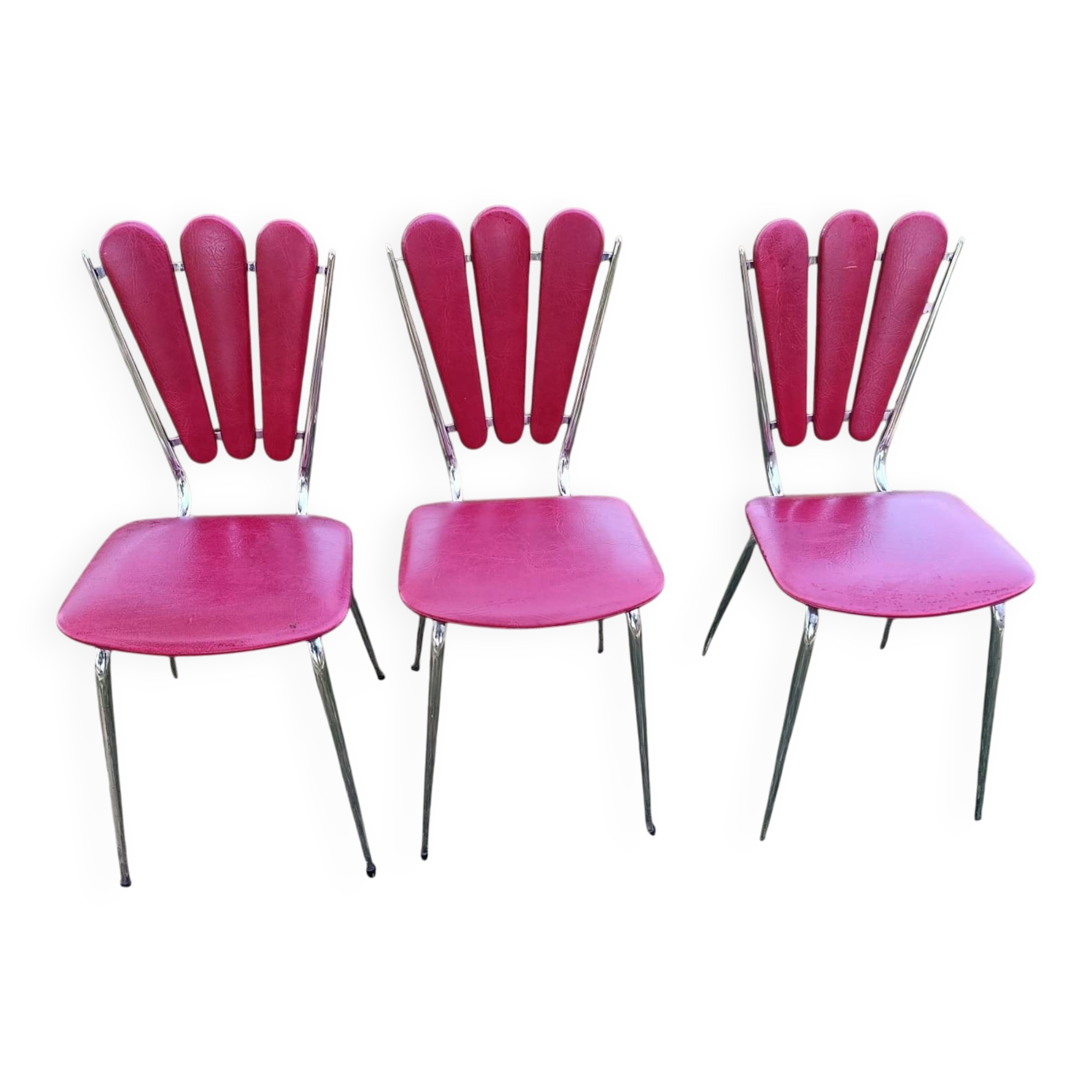 Set of 3 red flower petal chairs - vintage in faux leather - 1960s/70s