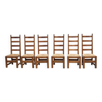6 chaises de salle à manger françaises en bois et paille