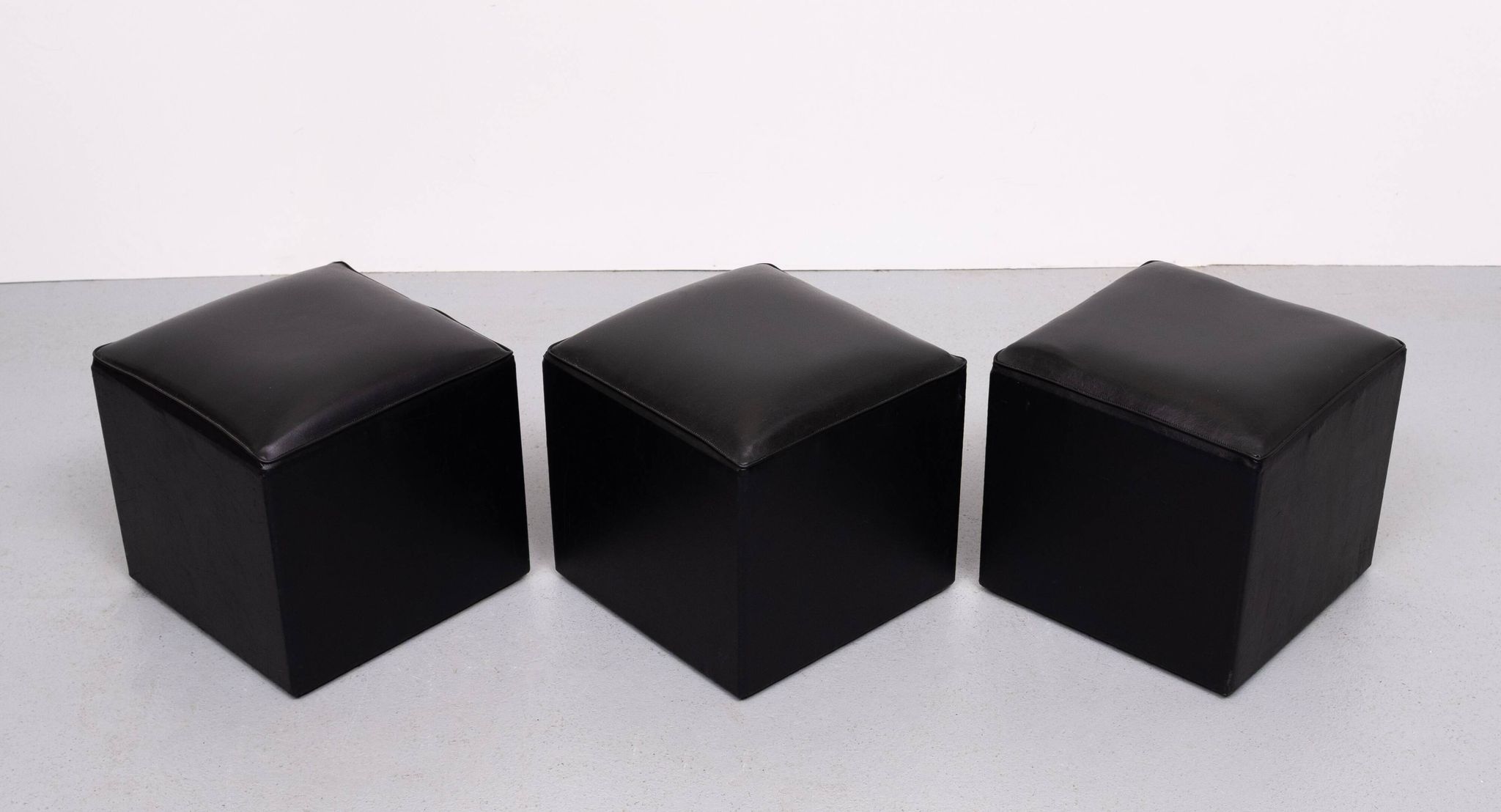 set of 3 Black Faux Leather cube Ottomans 1960s Holland