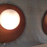 Globe-shaped wall sconces in opaline glass and wood - mid-20th century