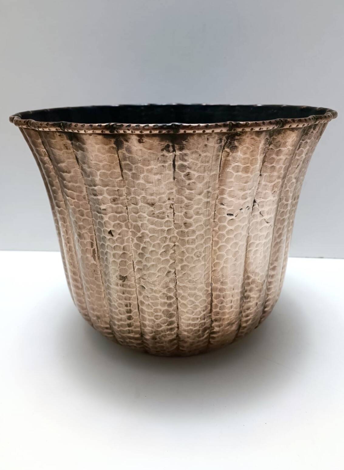 Round Embossed Copper Cachepot / Vase in the style of Egidio Casagrande