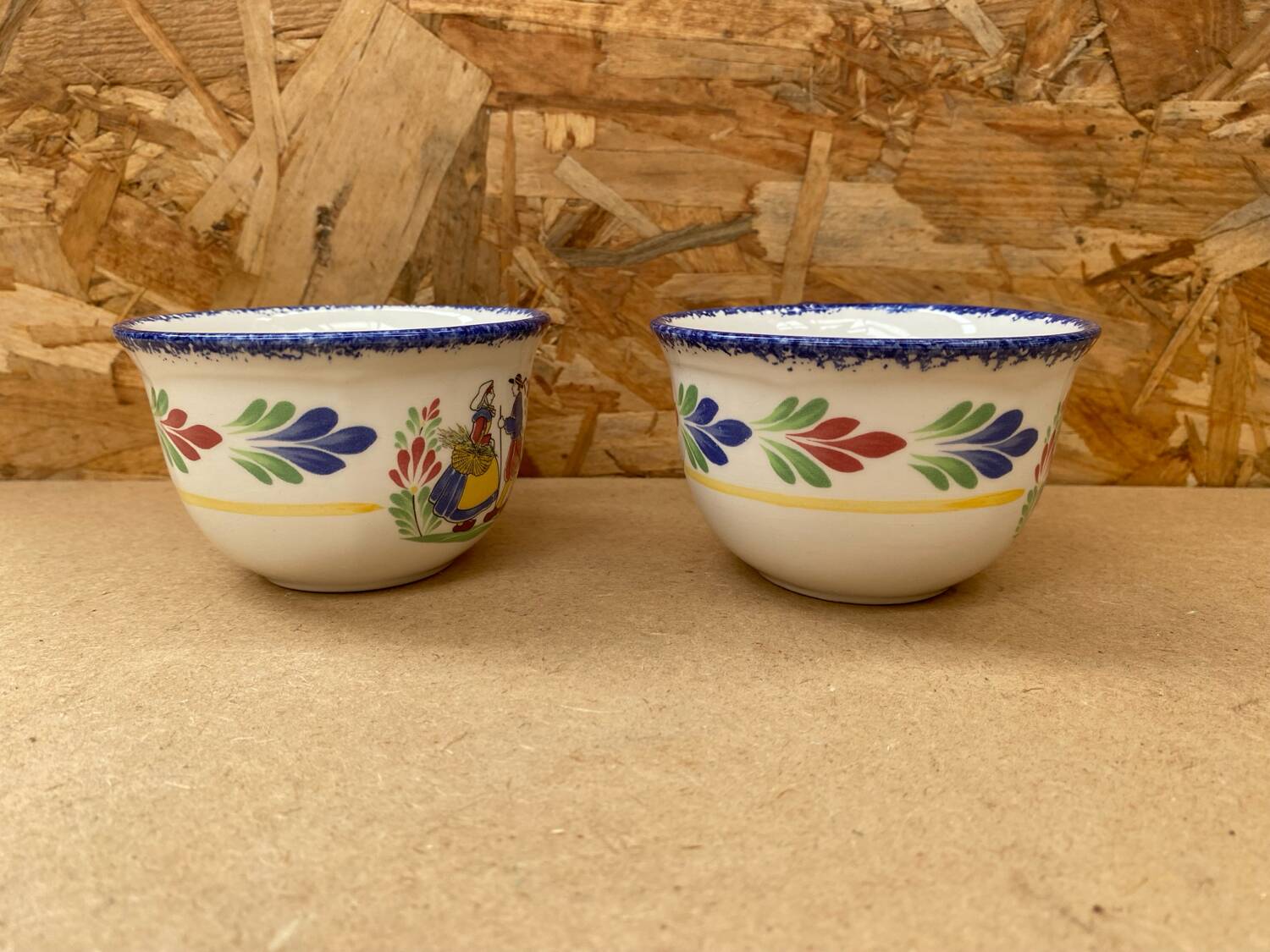 Paire ancienne tasse pornic céramique blanc bleu france vintage #b286