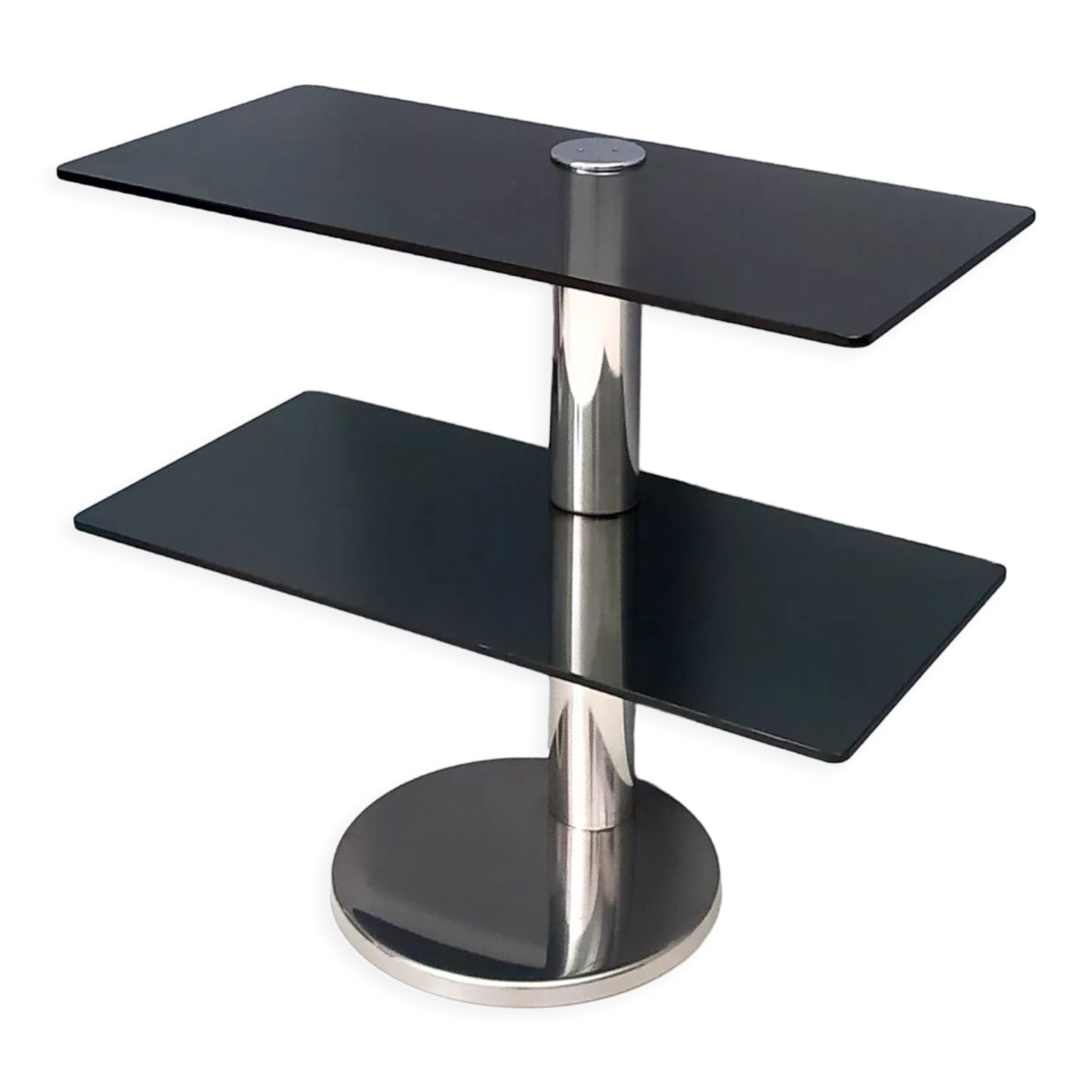 Postmodern Chromed Metal Console Table with Two Smoked Glass Shelves, Italy