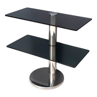 Table console en métal chromé postmoderne avec deux étagères en verre fumé, Italie