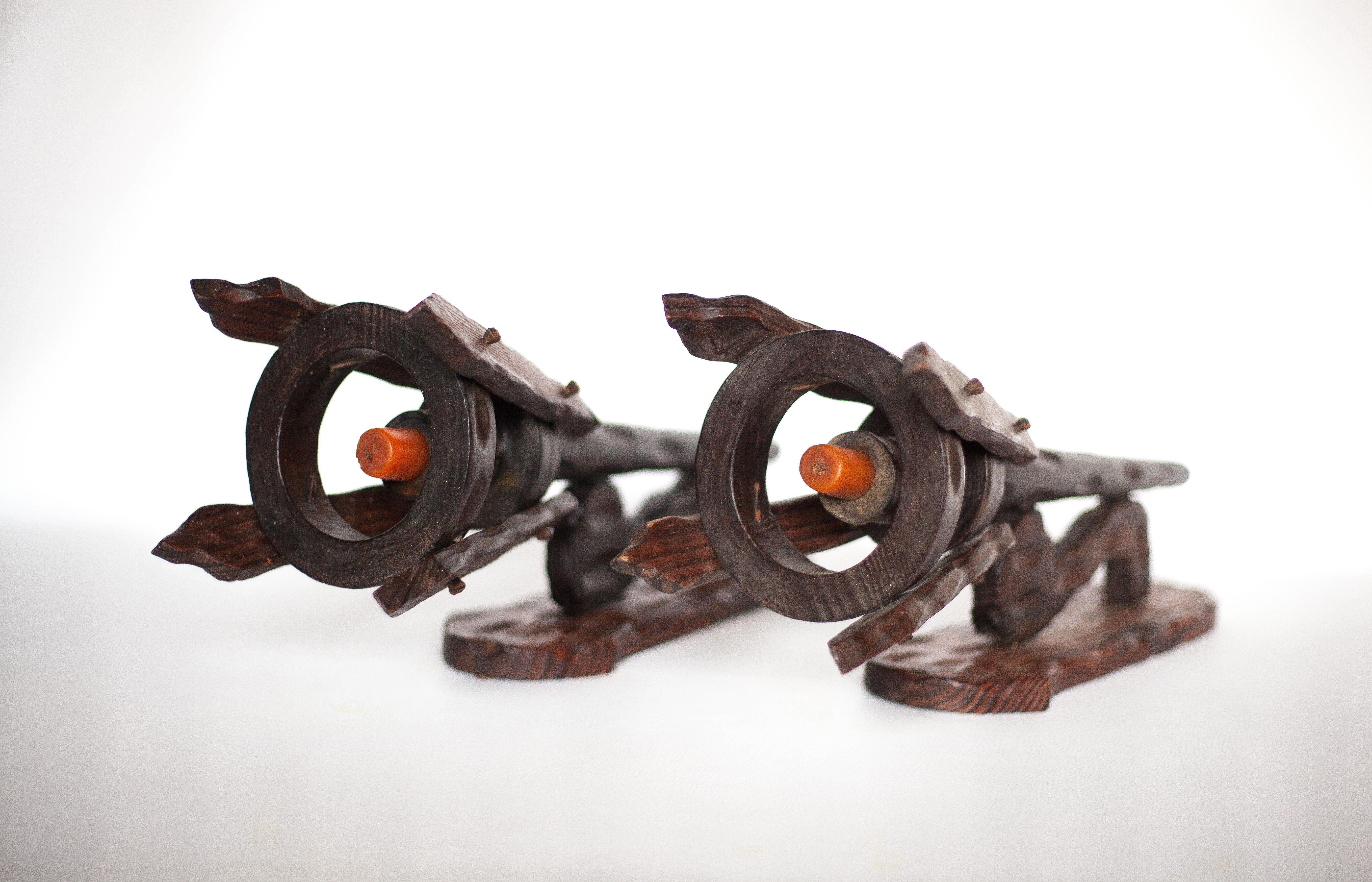 Pair of brutalist wood candle holders