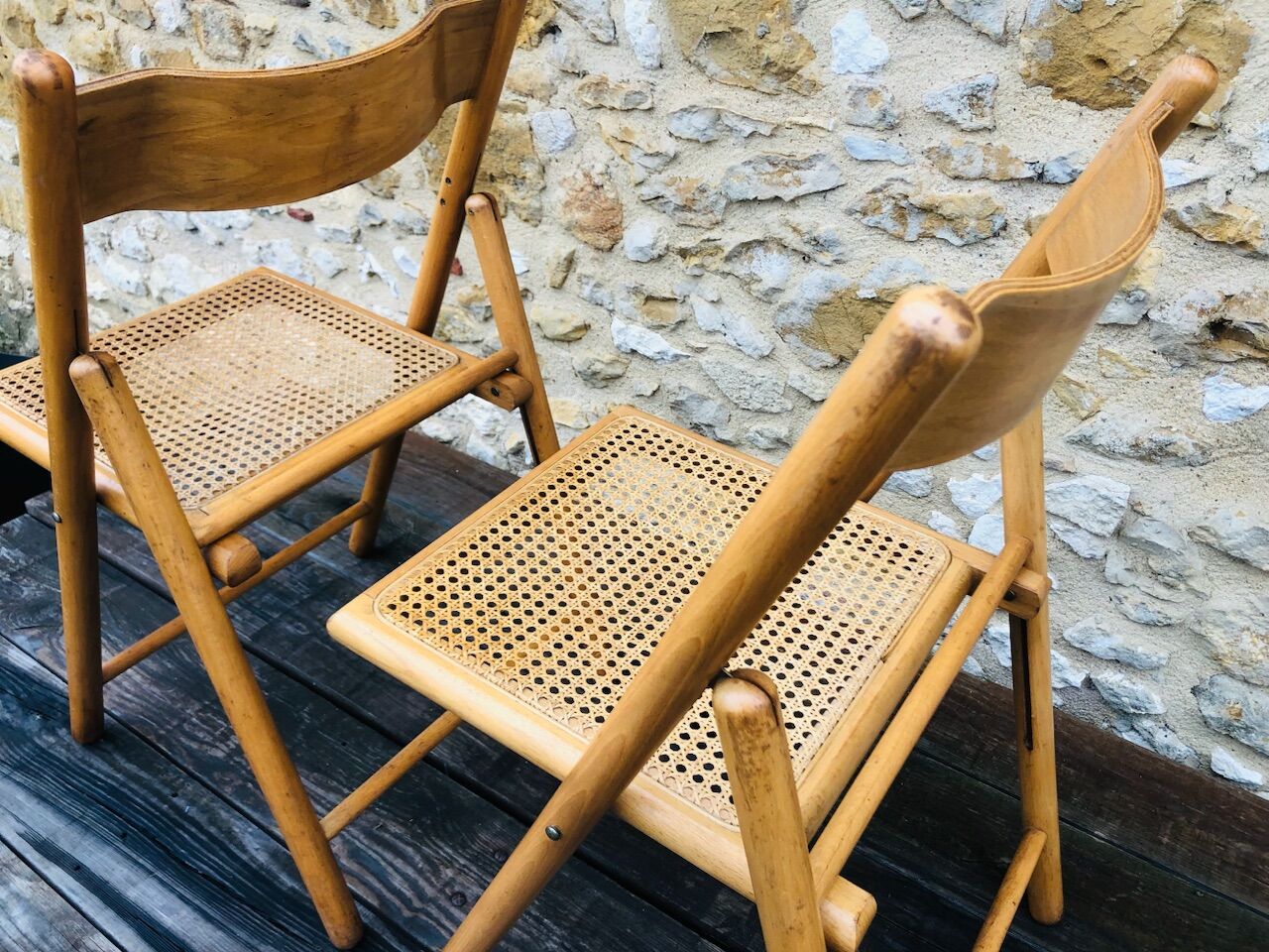 Set of 2 vintage folding chairs, rattan cane for Habitat, circa 70/80