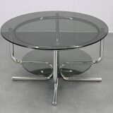 1970s Italian chrome tubular coffee table with smoked glass, round